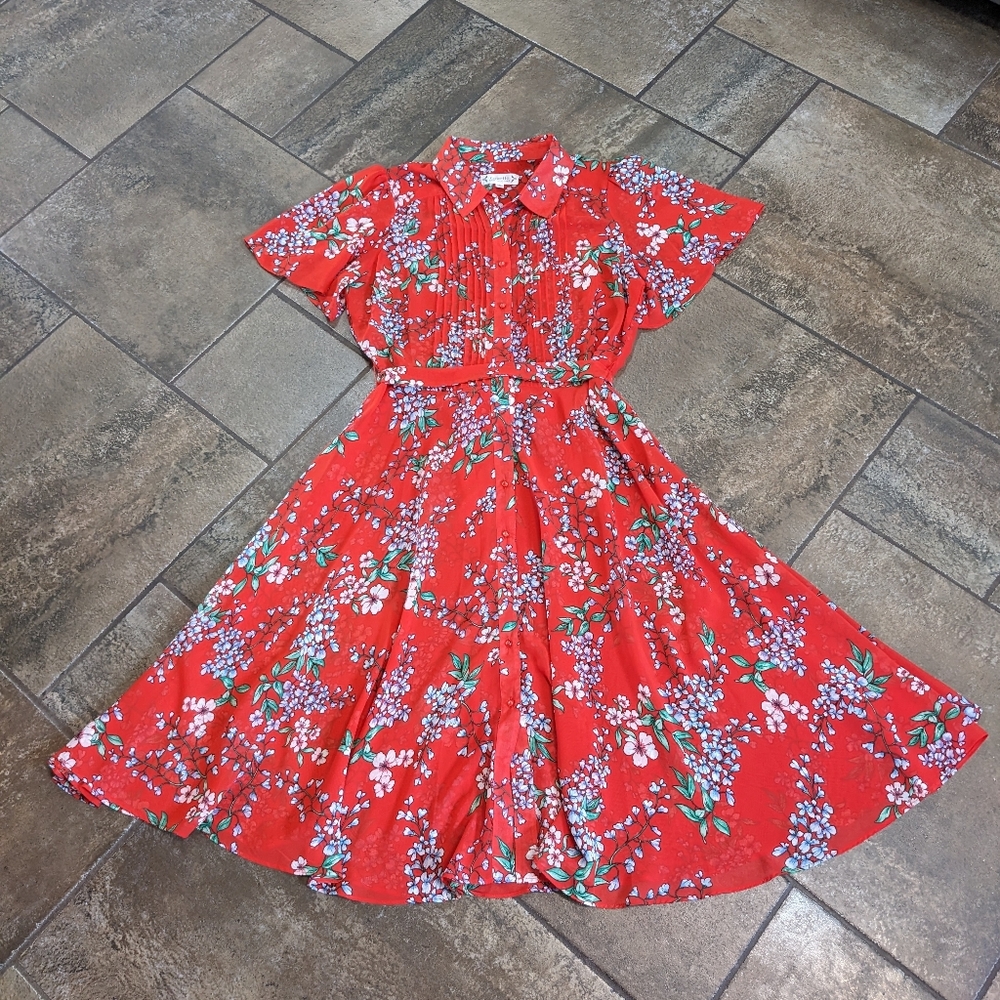 Nanette Lepore Sheer Romantic Flowy Pleated Midi Dress Floral Red Size 8